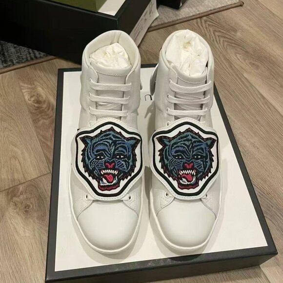 NIB GUCCI Calfskin Ayers Embroidered Web Ace Removable Patches High Top Sneakers - Picture 1 of 5